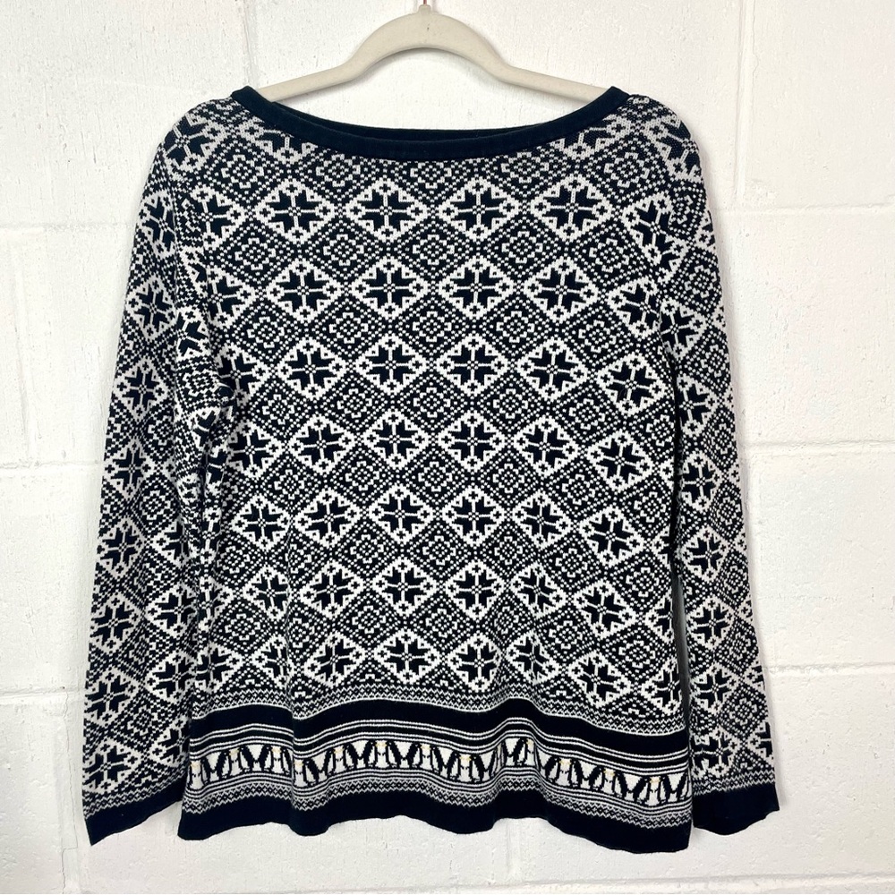 Karen Scott Sweater Black & White Nordic Fair Isle Snowflake‎ Penguin Cabin M